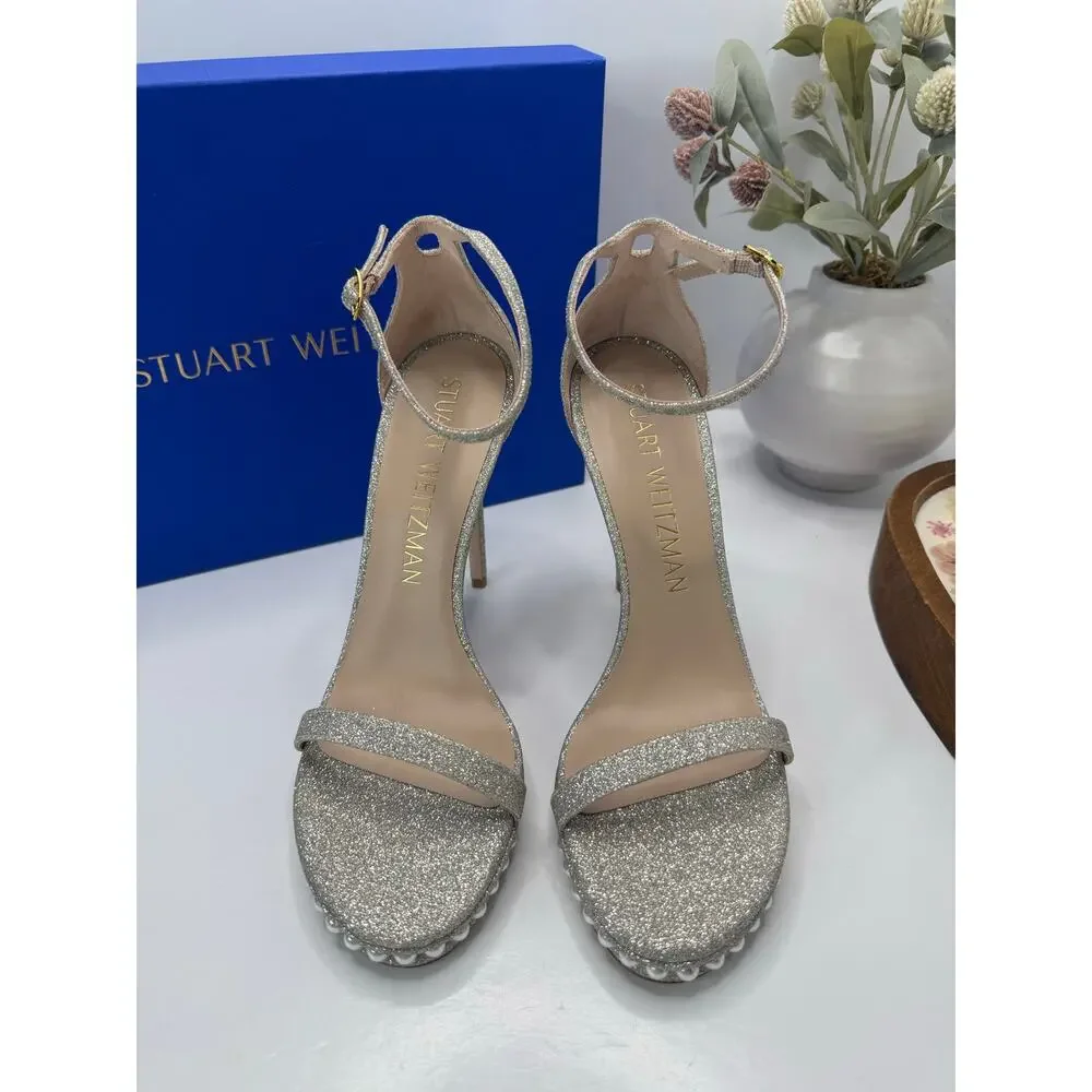 Stuart Weitzman Nudistdisco Pearl Sandal Fine Glitter Silver Women 9.5B